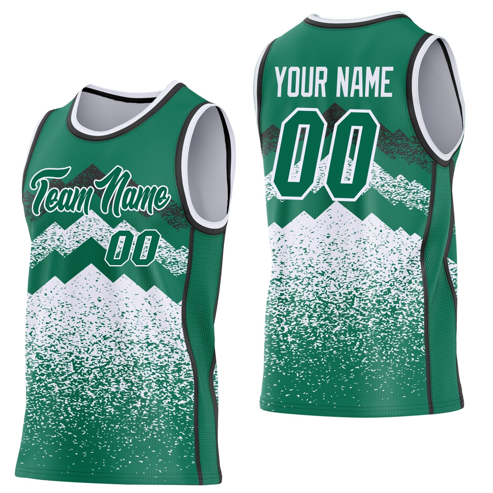 Custom Kelly Green White-Black Mountain Peak Shards Side Panel Stripe Round Neck Sublimation Basketball Set Jersey - Main View