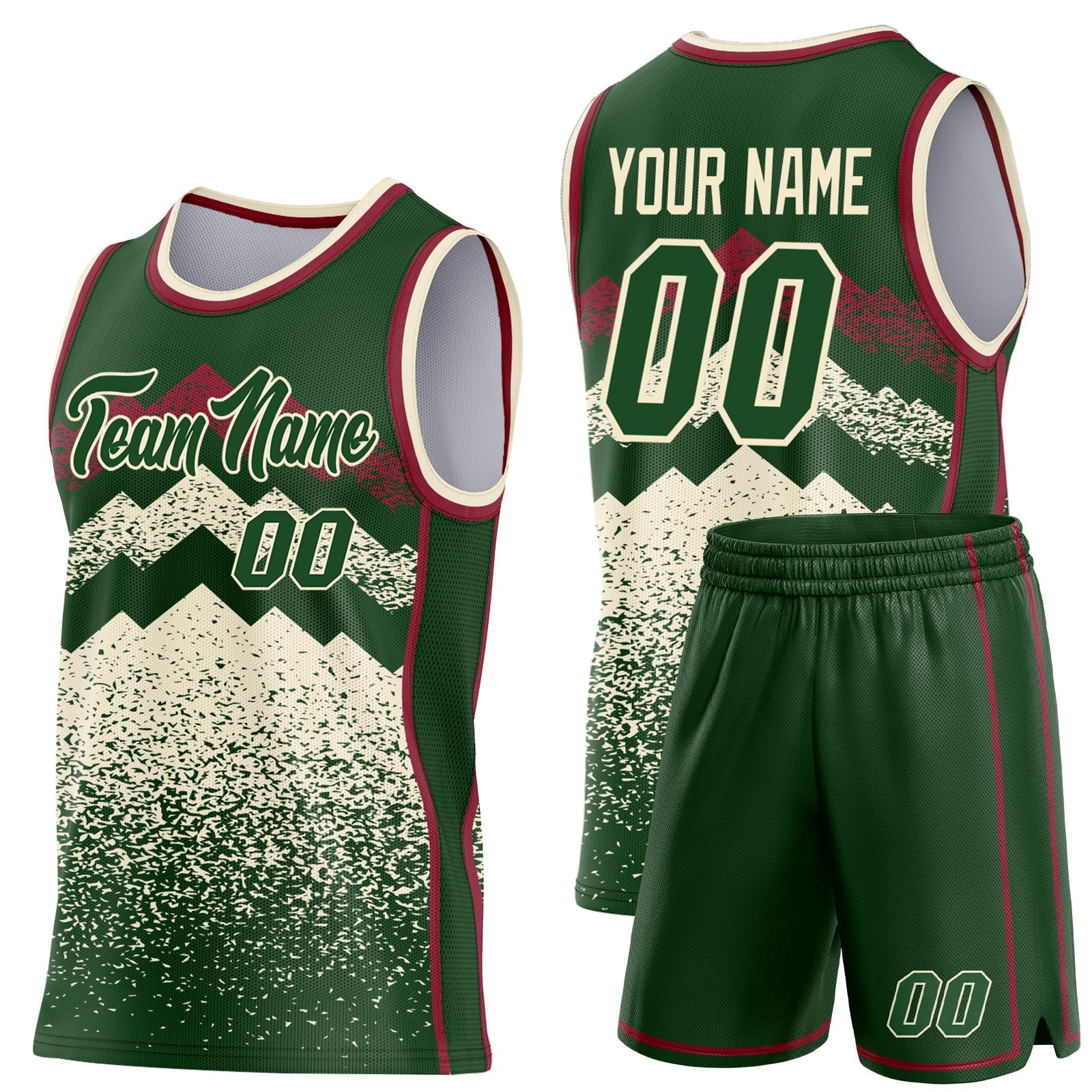 Custom Green Cream-Crimson Mountain Peak Shards Side Panel Stripe Round Neck Sublimation Basketball Set Jersey view 2