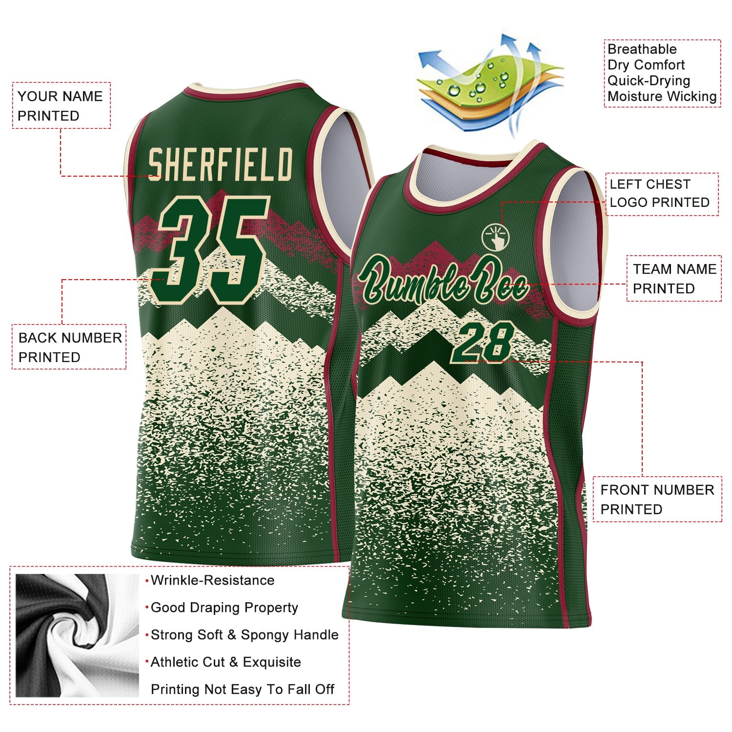 Custom Green Cream-Crimson Mountain Peak Shards Side Panel Stripe Round Neck Sublimation Basketball Set Jersey view 3