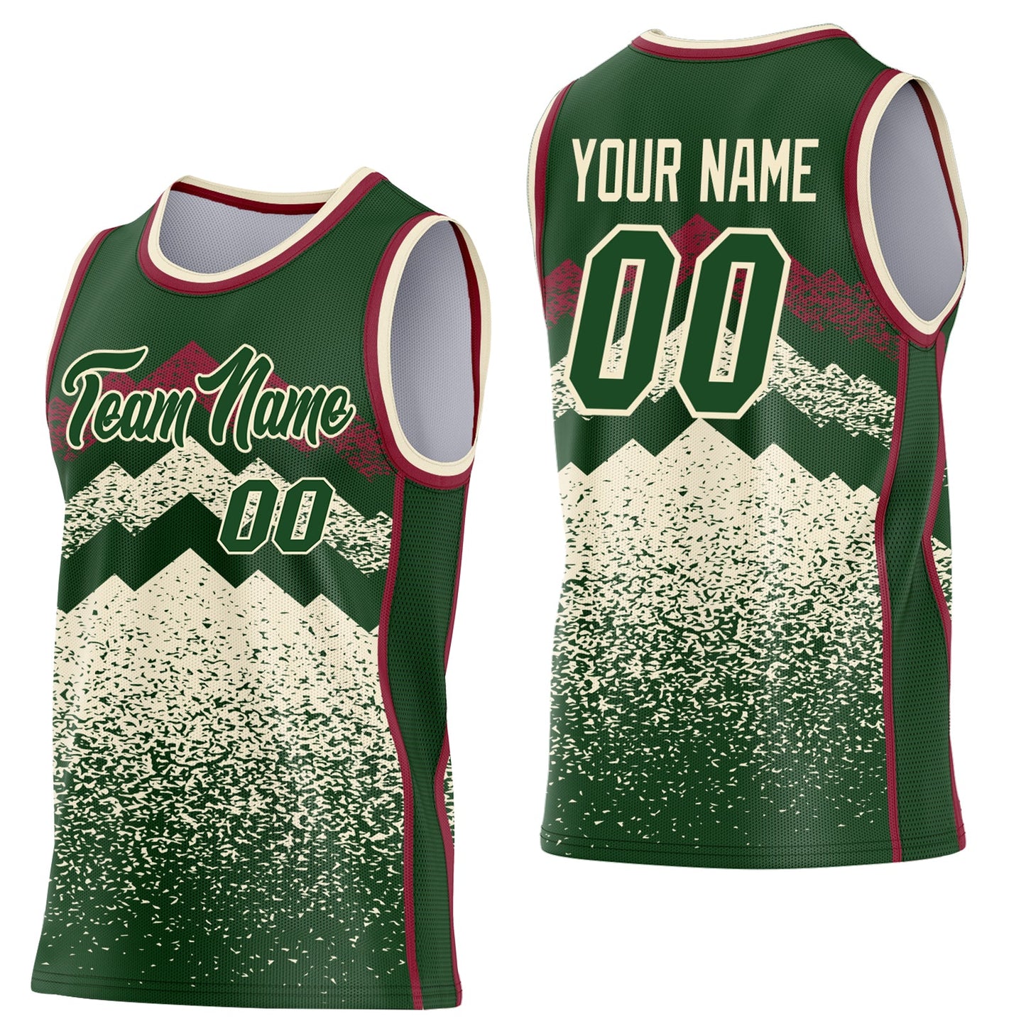 Custom Green Cream-Crimson Mountain Peak Shards Side Panel Stripe Round Neck Sublimation Basketball Set Jersey - Main View