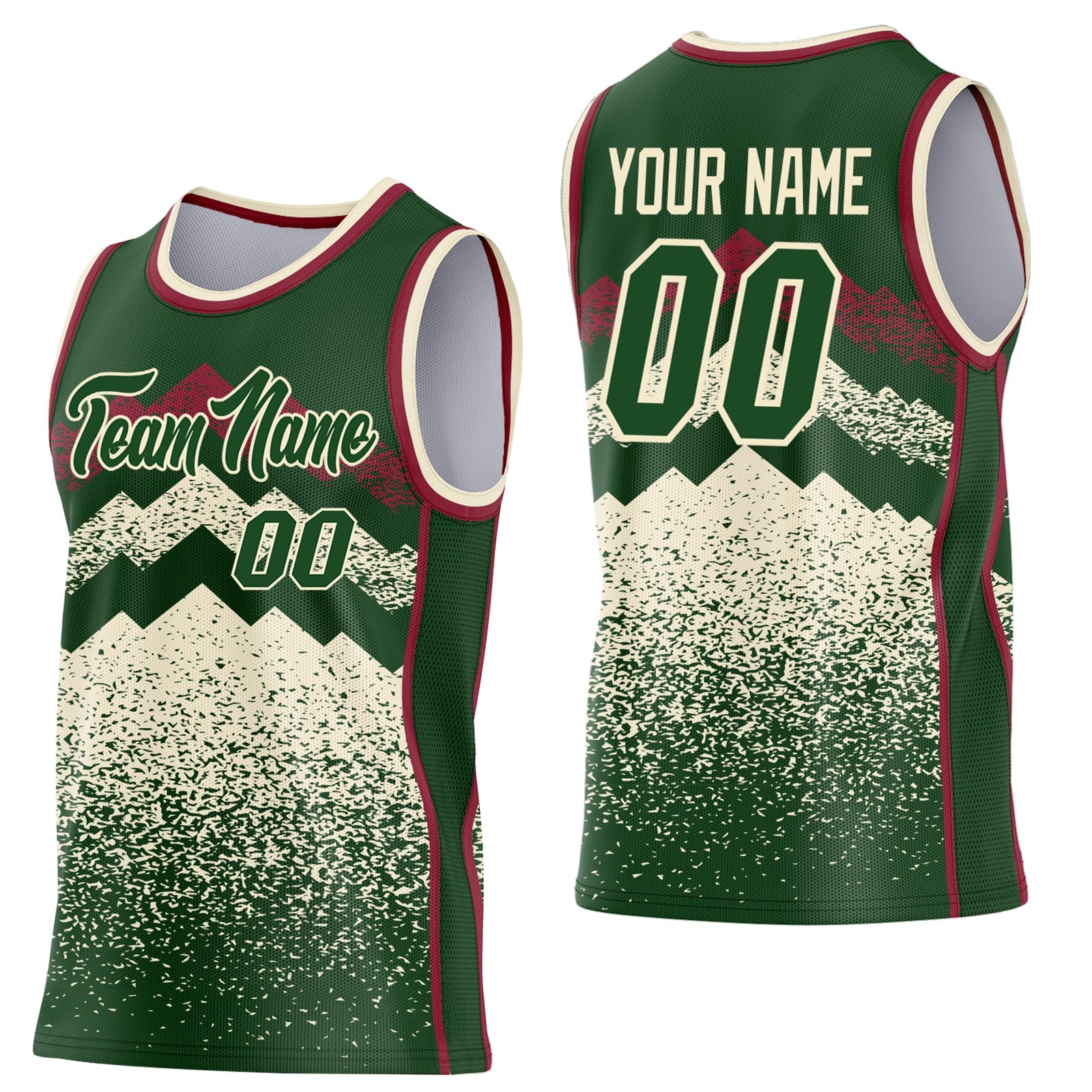 Custom Green Cream-Crimson Mountain Peak Shards Side Panel Stripe Round Neck Sublimation Basketball Set Jersey - Main View