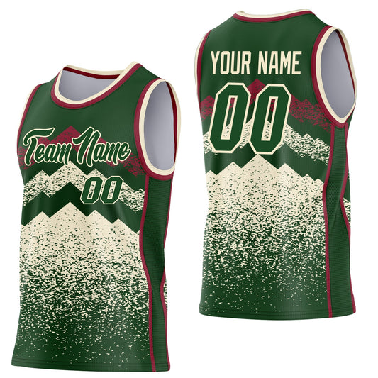 Custom Green Cream-Crimson Mountain Peak Shards Side Panel Stripe Round Neck Sublimation Basketball Set Jersey - Main View