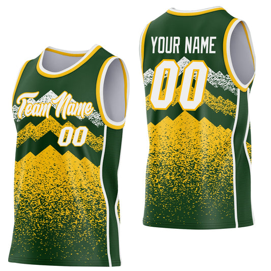 Custom Green White-Gold Mountain Peak Shards Side Panel Stripe Round Neck Sublimation Basketball Set Jersey - Main View