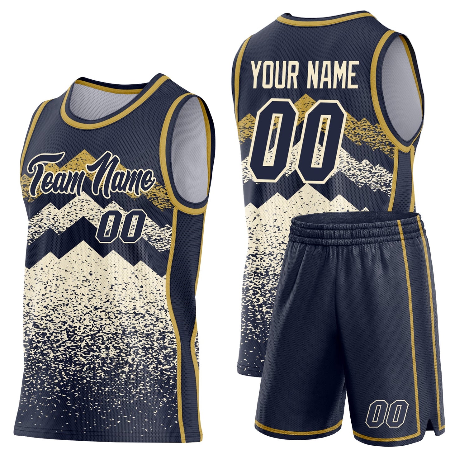 Custom Navy Cream-Old Gold Mountain Peak Shards Side Panel Stripe Round Neck Sublimation Basketball Set Jersey view 2