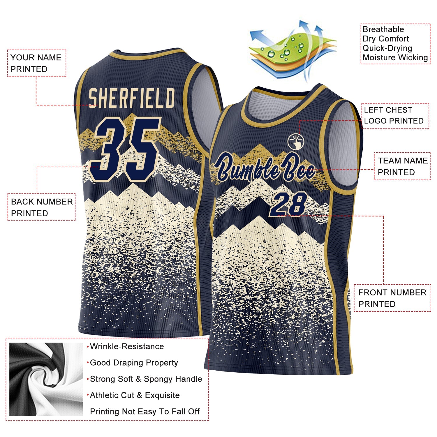 Custom Navy Cream-Old Gold Mountain Peak Shards Side Panel Stripe Round Neck Sublimation Basketball Set Jersey view 3