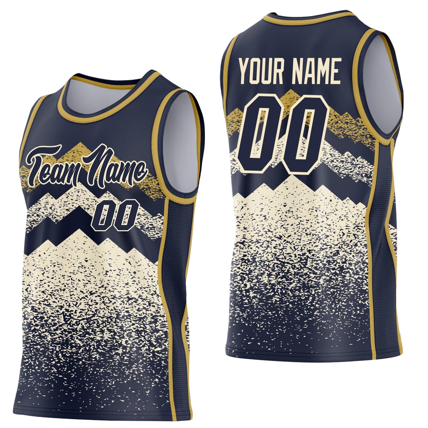Custom Navy Cream-Old Gold Mountain Peak Shards Side Panel Stripe Round Neck Sublimation Basketball Set Jersey - Main View