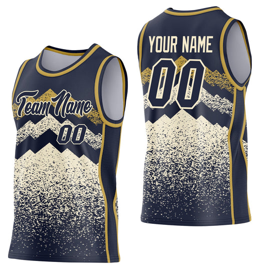 Custom Navy Cream-Old Gold Mountain Peak Shards Side Panel Stripe Round Neck Sublimation Basketball Set Jersey - Main View