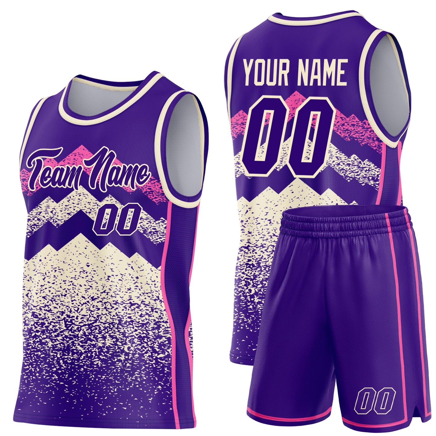 Custom Purple Cream-Pink Mountain Peak Shards Side Panel Stripe Round Neck Sublimation Basketball Set Jersey view 2