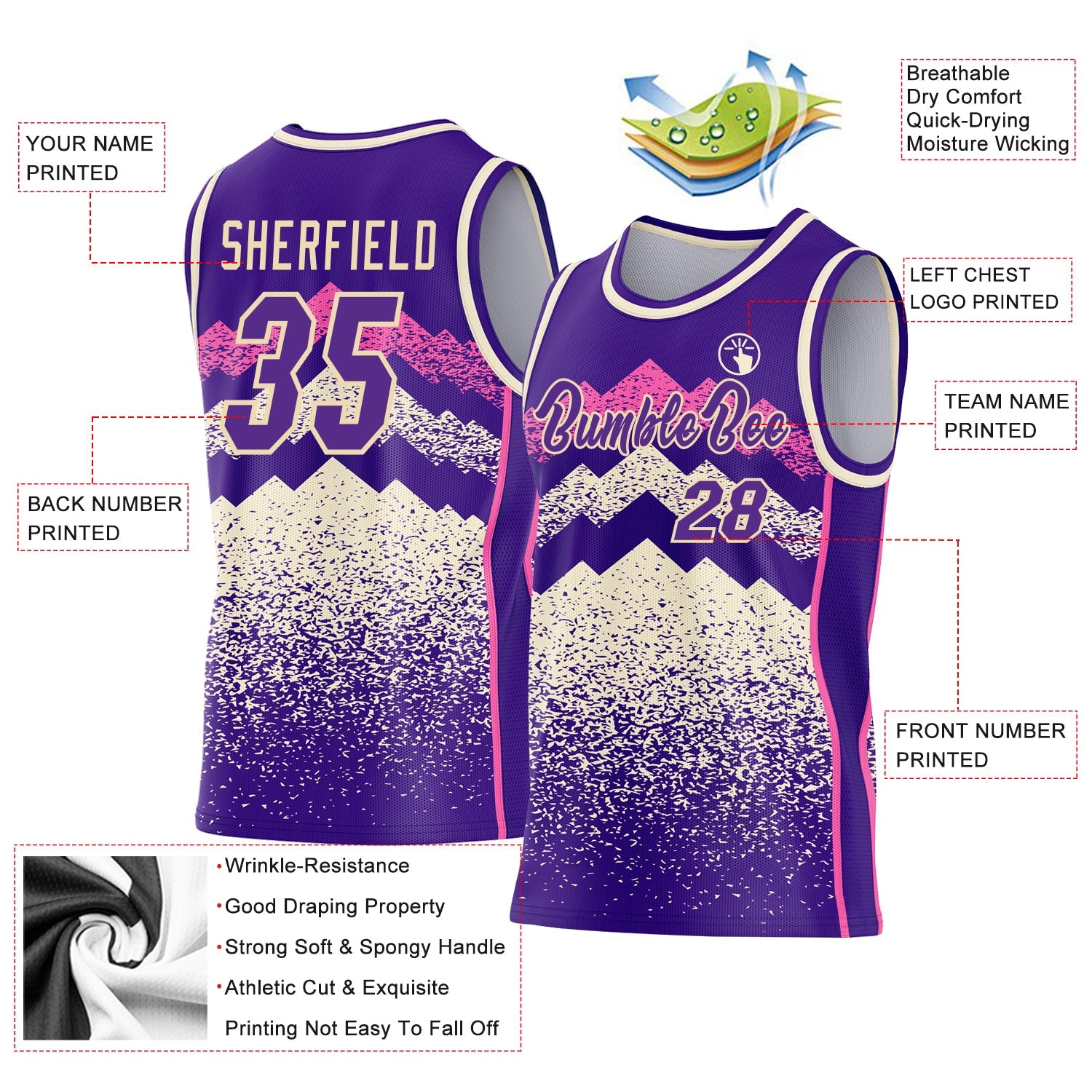 Custom Purple Cream-Pink Mountain Peak Shards Side Panel Stripe Round Neck Sublimation Basketball Set Jersey view 3