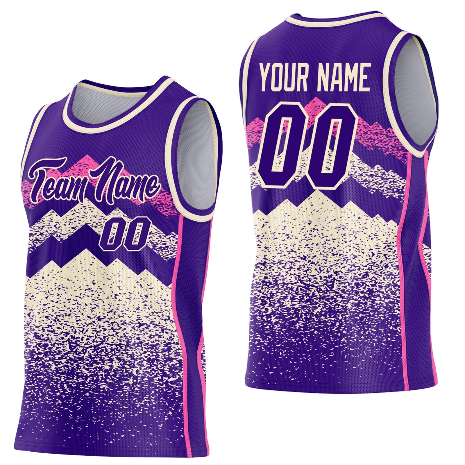 Custom Purple Cream-Pink Mountain Peak Shards Side Panel Stripe Round Neck Sublimation Basketball Set Jersey - Main View