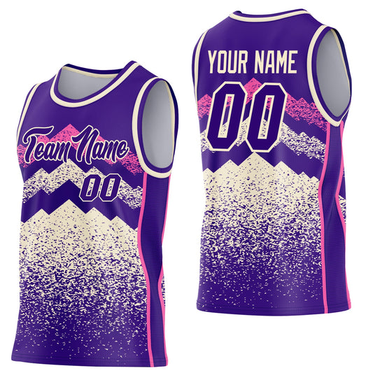 Custom Purple Cream-Pink Mountain Peak Shards Side Panel Stripe Round Neck Sublimation Basketball Set Jersey - Main View