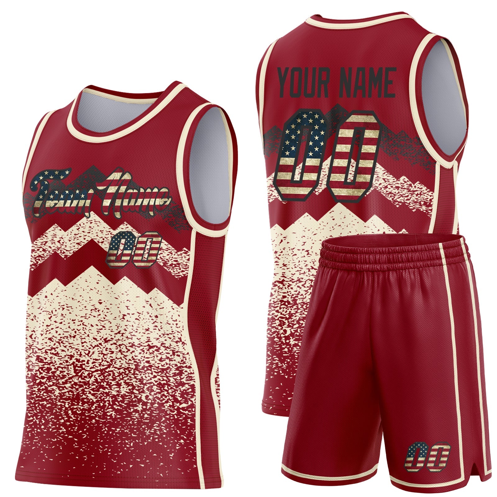 Custom Maroon Vintage USA Flag Cream-Black Mountain Peak Shards Side Panel Stripe Round Neck Sublimation Basketball Set Jersey view 2