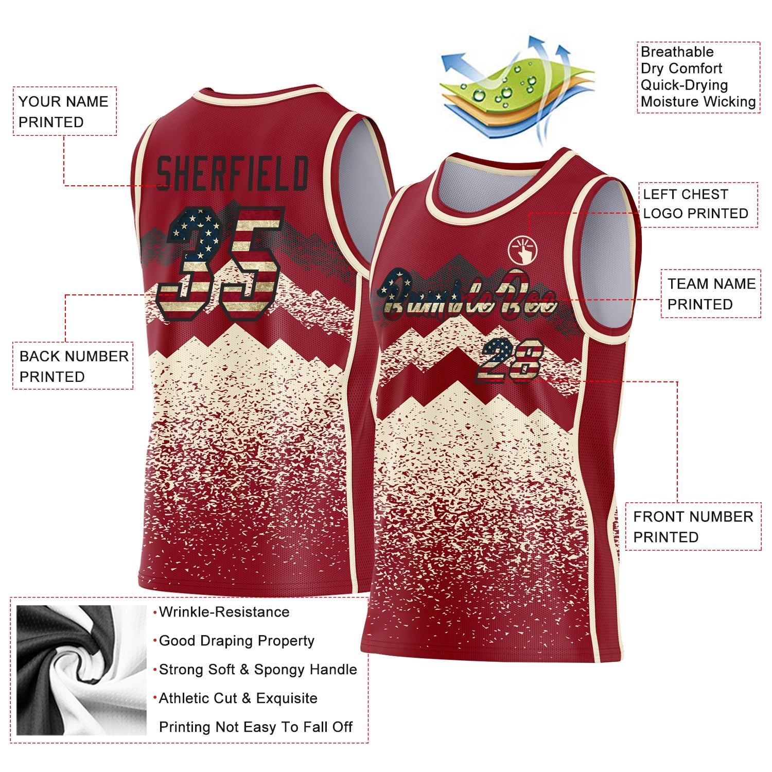 Custom Maroon Vintage USA Flag Cream-Black Mountain Peak Shards Side Panel Stripe Round Neck Sublimation Basketball Set Jersey view 3