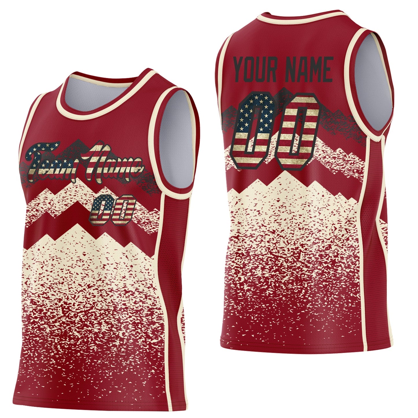 Custom Maroon Vintage USA Flag Cream-Black Mountain Peak Shards Side Panel Stripe Round Neck Sublimation Basketball Set Jersey - Main View