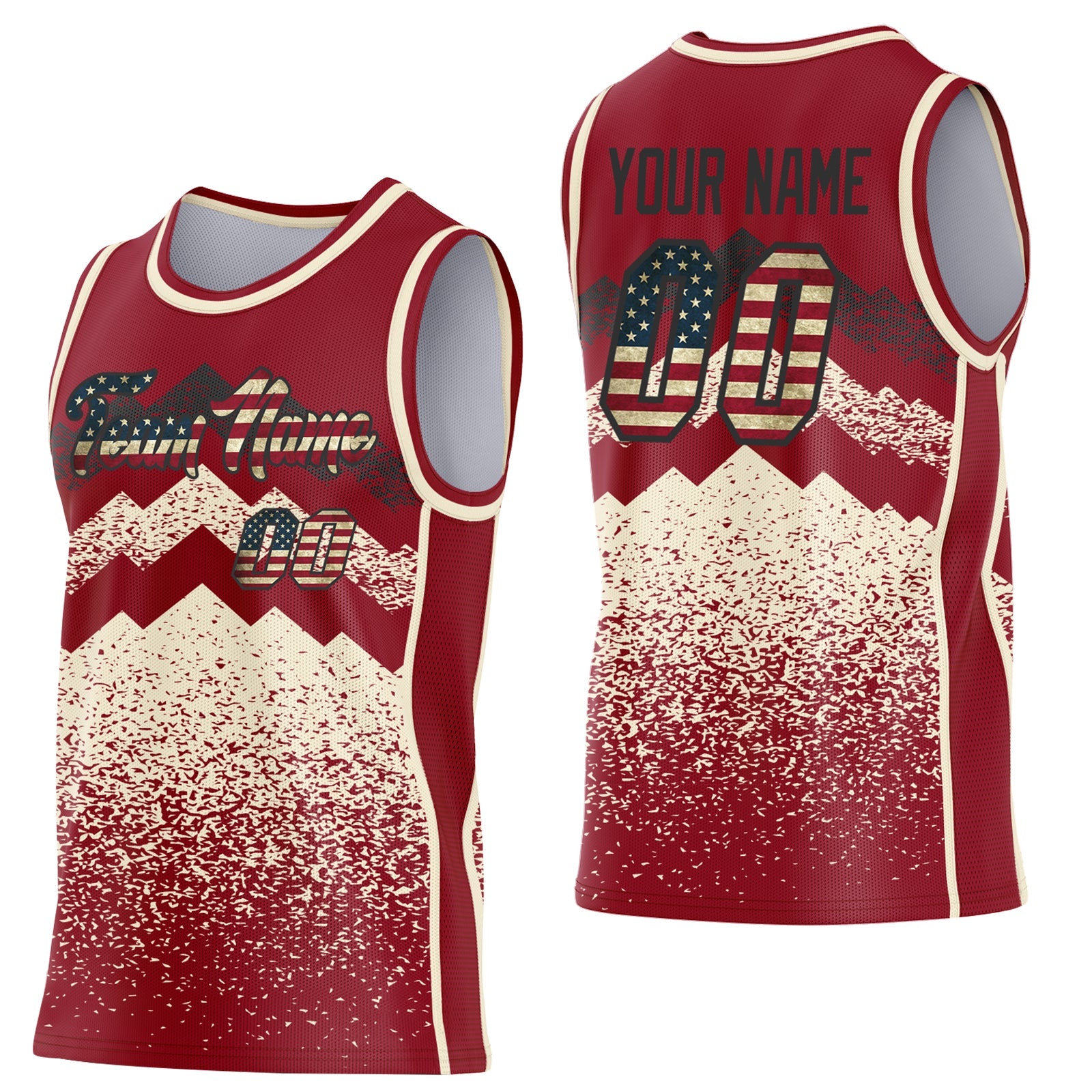 Custom Maroon Vintage USA Flag Cream-Black Mountain Peak Shards Side Panel Stripe Round Neck Sublimation Basketball Set Jersey - Main View