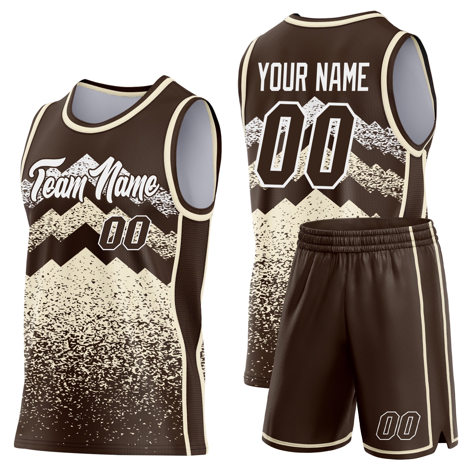 Custom Brown Cream-White Mountain Peak Shards Side Panel Stripe Round Neck Sublimation Basketball Set Jersey view 2