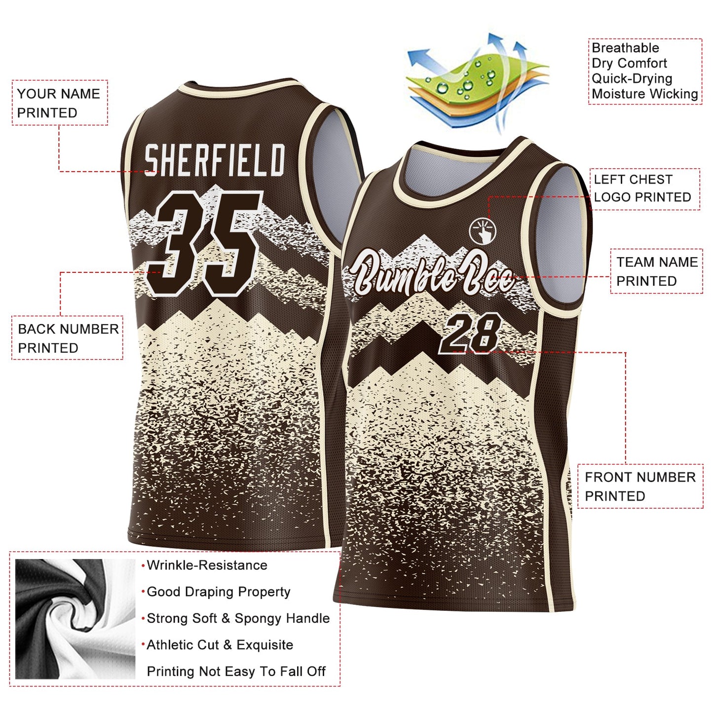 Custom Brown Cream-White Mountain Peak Shards Side Panel Stripe Round Neck Sublimation Basketball Set Jersey view 3