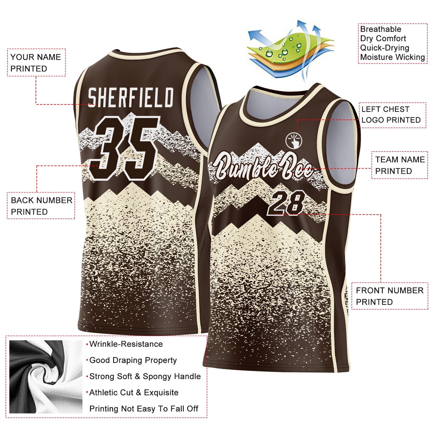 Custom Brown Cream-White Mountain Peak Shards Side Panel Stripe Round Neck Sublimation Basketball Set Jersey view 3
