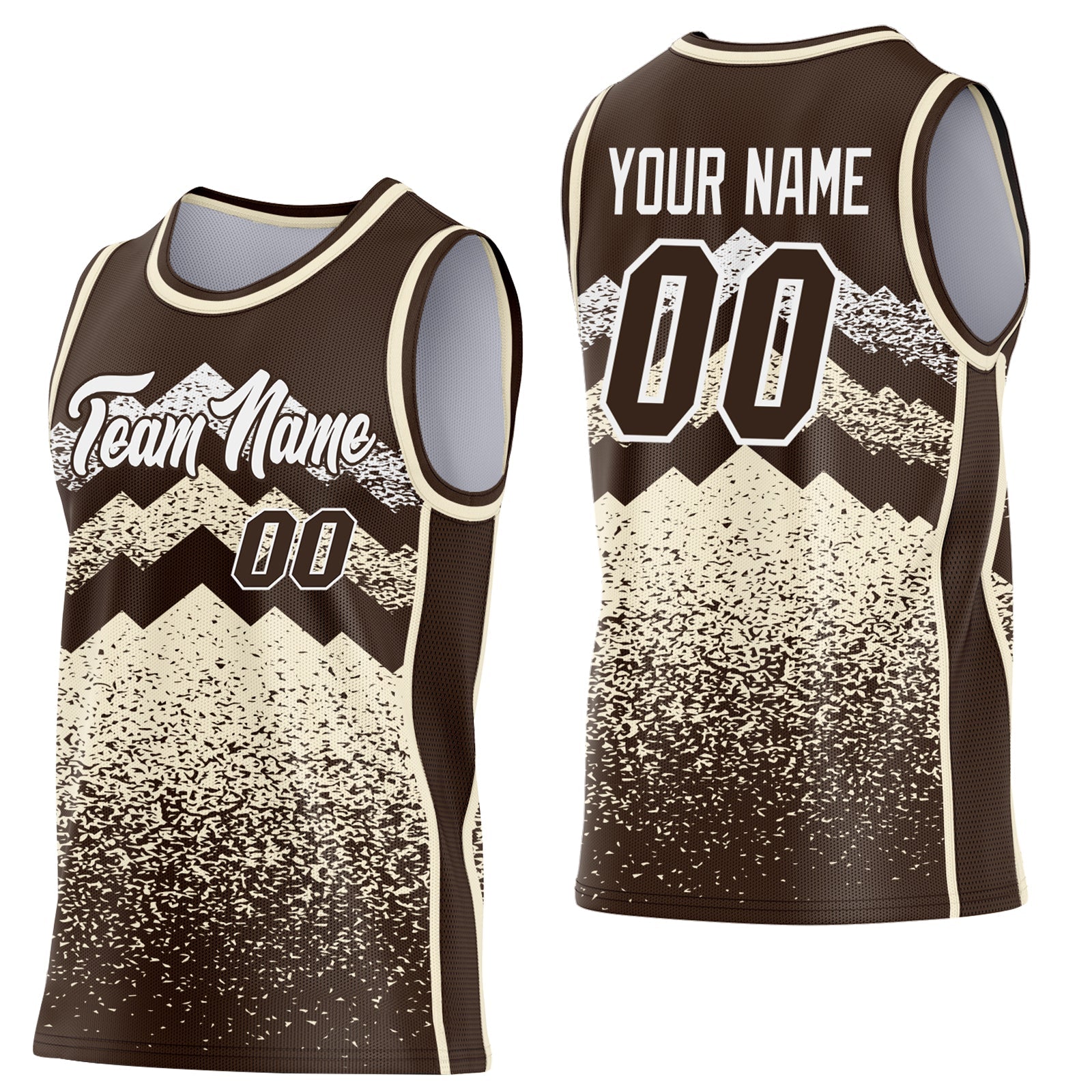 Custom Brown Cream-White Mountain Peak Shards Side Panel Stripe Round Neck Sublimation Basketball Set Jersey - Main View