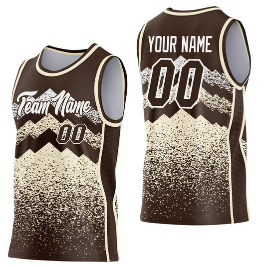 Custom Brown Cream-White Mountain Peak Shards Side Panel Stripe Round Neck Sublimation Basketball Set Jersey - Main View