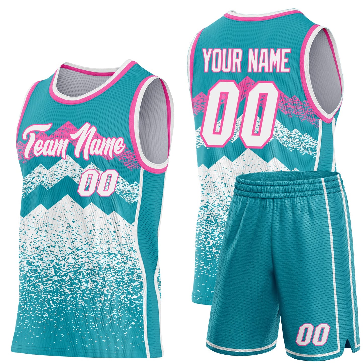 Custom Teal White-Pink Mountain Peak Shards Side Panel Stripe Round Neck Sublimation Basketball Set Jersey view 2