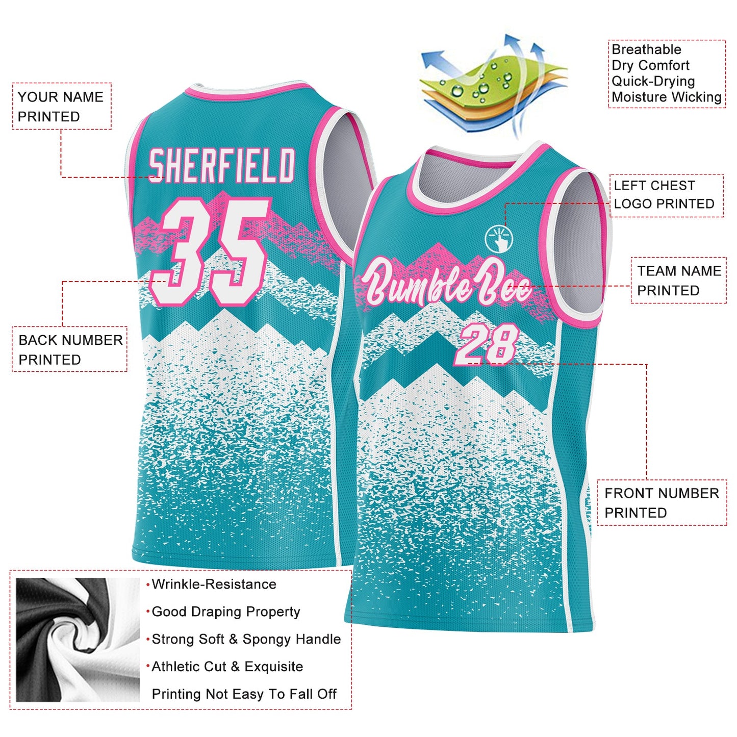 Custom Teal White-Pink Mountain Peak Shards Side Panel Stripe Round Neck Sublimation Basketball Set Jersey view 3
