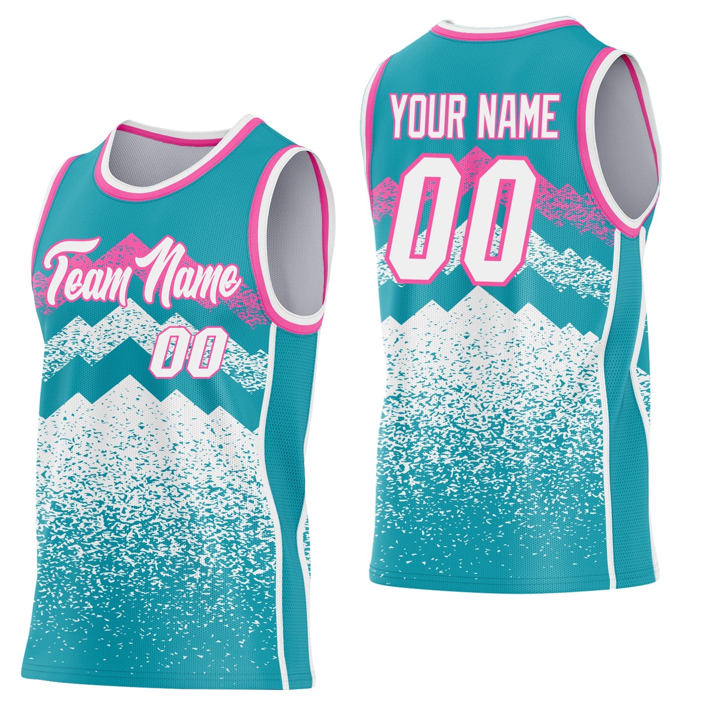 Custom Teal White-Pink Mountain Peak Shards Side Panel Stripe Round Neck Sublimation Basketball Set Jersey - Main View