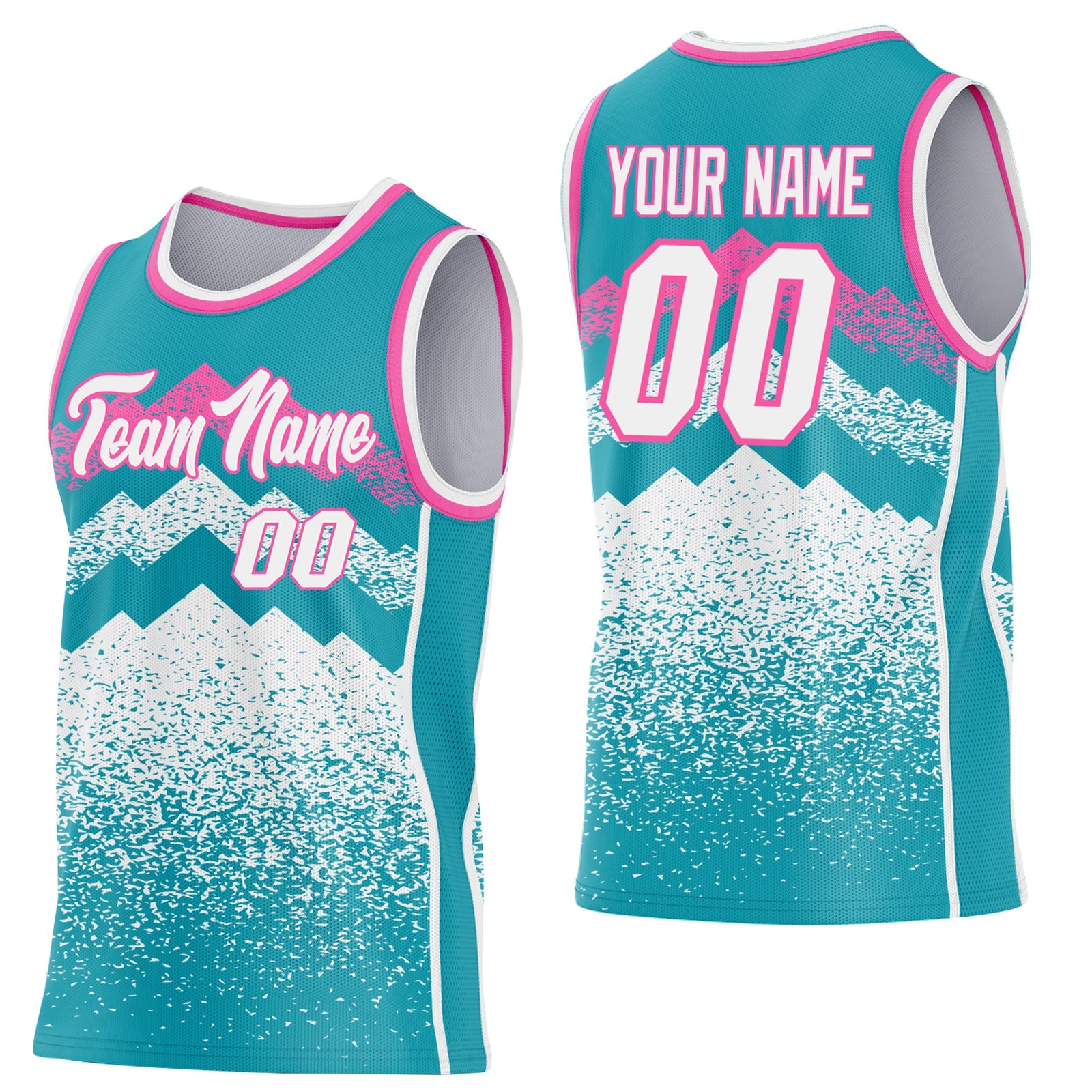 Custom Teal White-Pink Mountain Peak Shards Side Panel Stripe Round Neck Sublimation Basketball Set Jersey - Main View