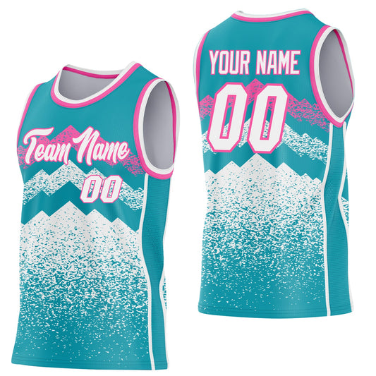 Custom Teal White-Pink Mountain Peak Shards Side Panel Stripe Round Neck Sublimation Basketball Set Jersey - Main View