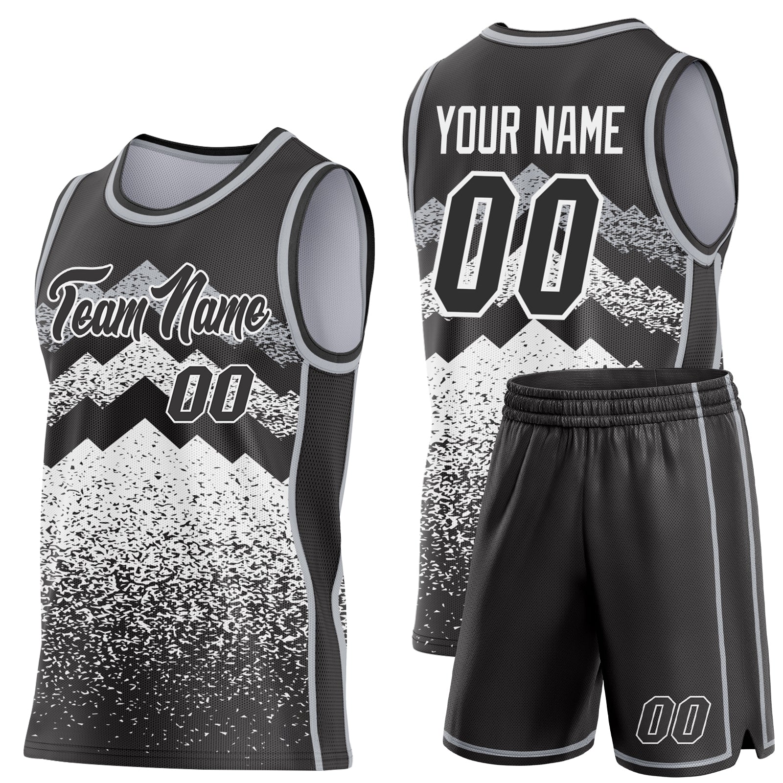 Custom Black White-Gray Mountain Peak Shards Side Panel Stripe Round Neck Sublimation Basketball Set Jersey view 2