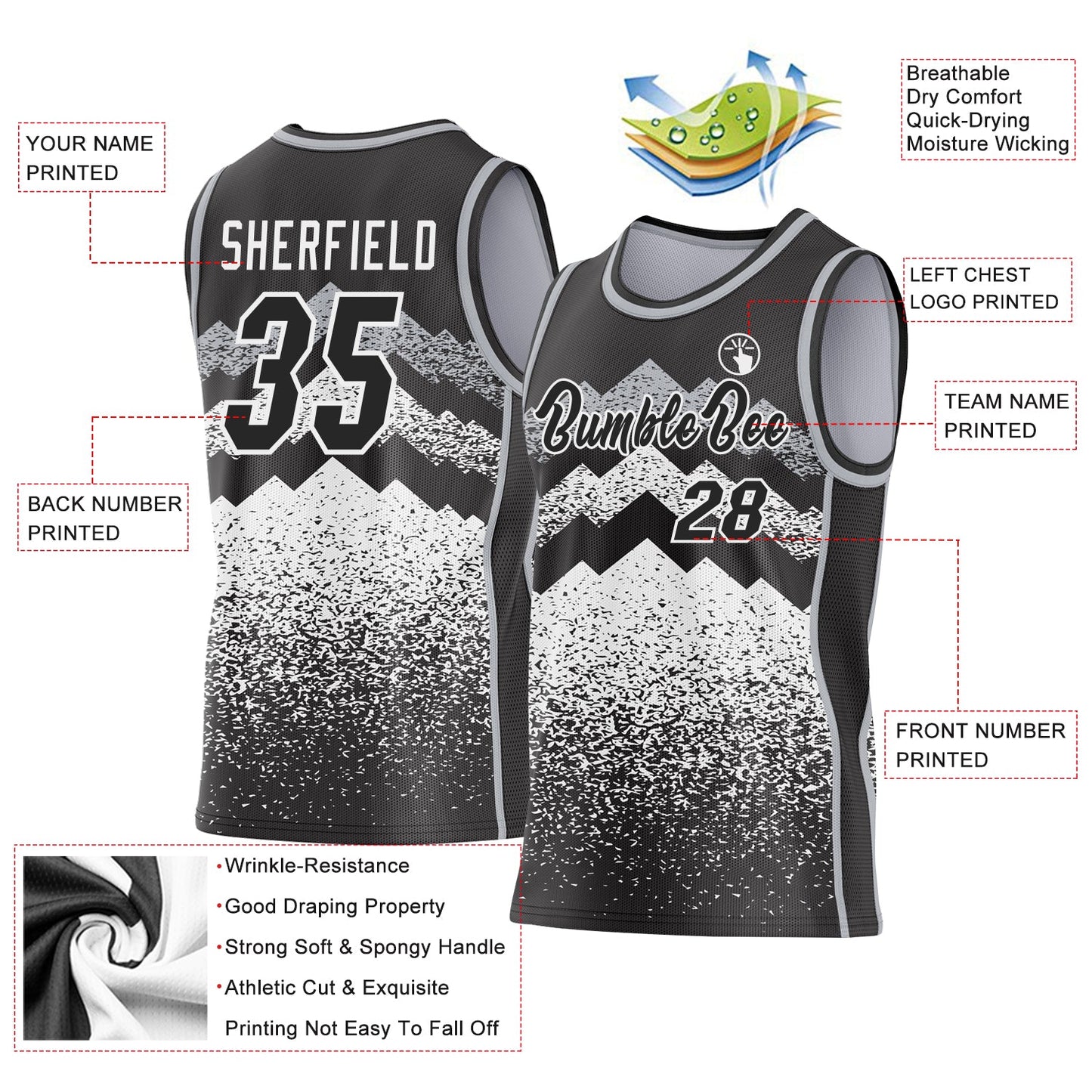 Custom Black White-Gray Mountain Peak Shards Side Panel Stripe Round Neck Sublimation Basketball Set Jersey view 3