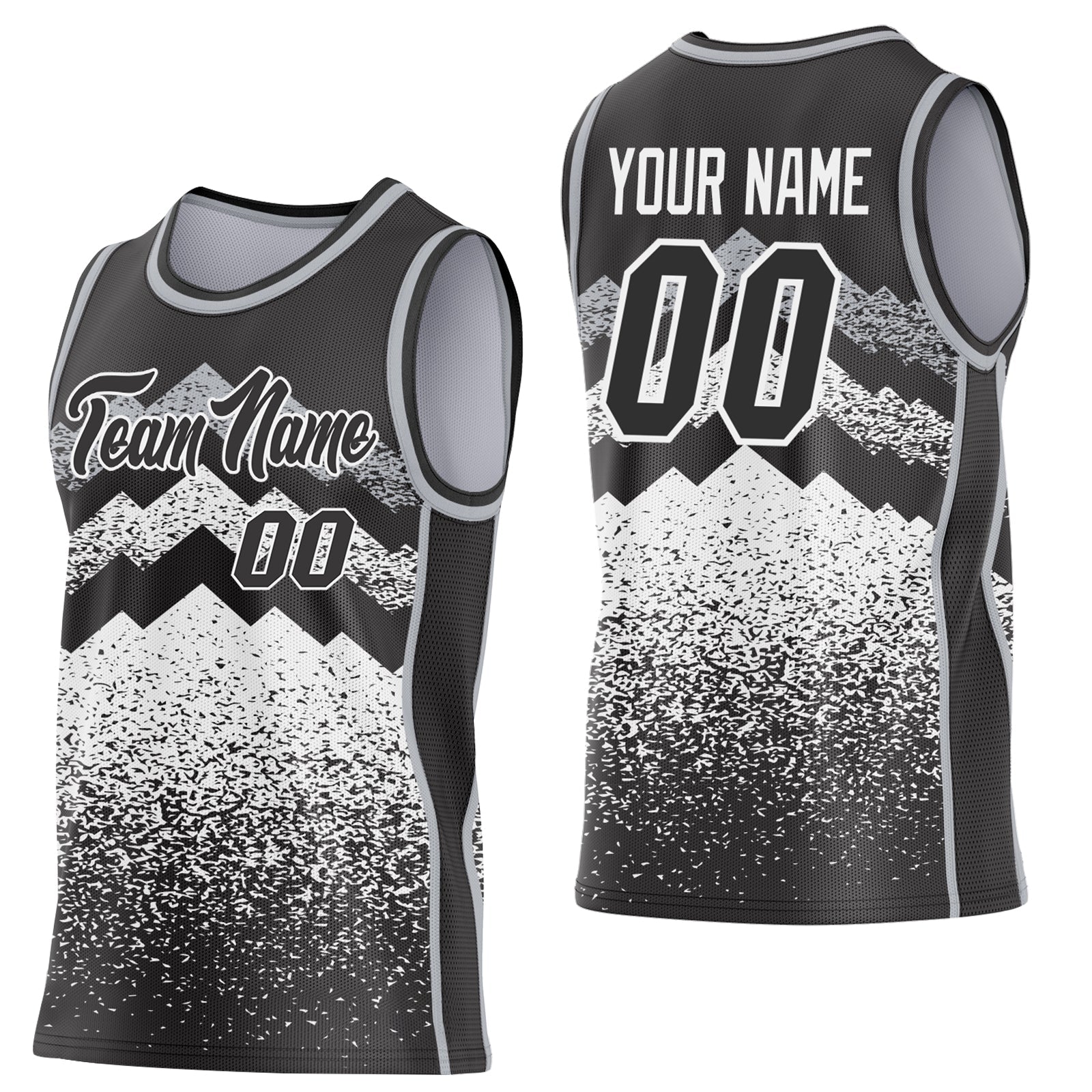 Custom Black White-Gray Mountain Peak Shards Side Panel Stripe Round Neck Sublimation Basketball Set Jersey - Main View