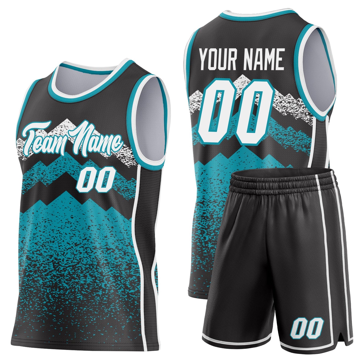 Custom Black White-Teal Mountain Peak Shards Side Panel Stripe Round Neck Sublimation Basketball Set Jersey view 2