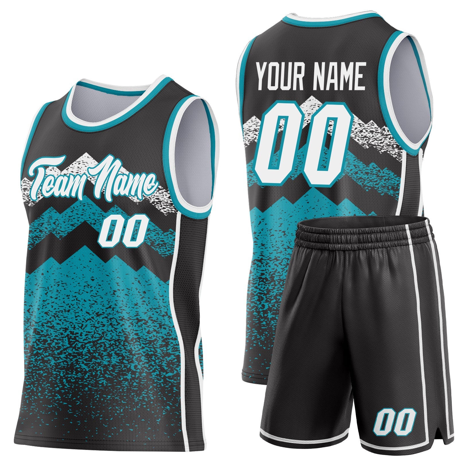 Custom Black White-Teal Mountain Peak Shards Side Panel Stripe Round Neck Sublimation Basketball Set Jersey view 2