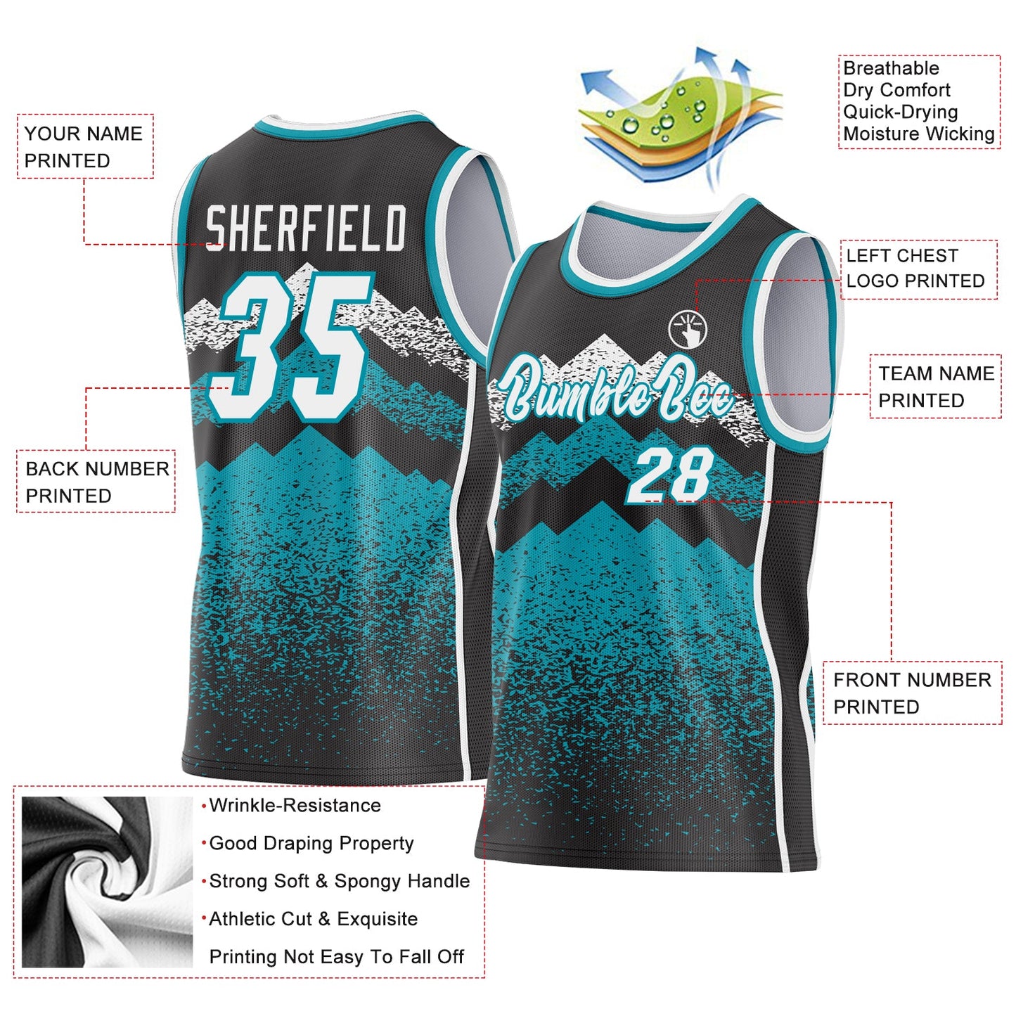 Custom Black White-Teal Mountain Peak Shards Side Panel Stripe Round Neck Sublimation Basketball Set Jersey view 3