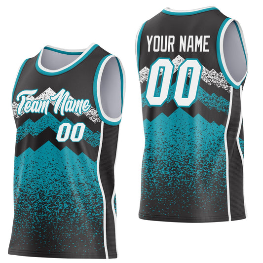Custom Black White-Teal Mountain Peak Shards Side Panel Stripe Round Neck Sublimation Basketball Set Jersey - Main View
