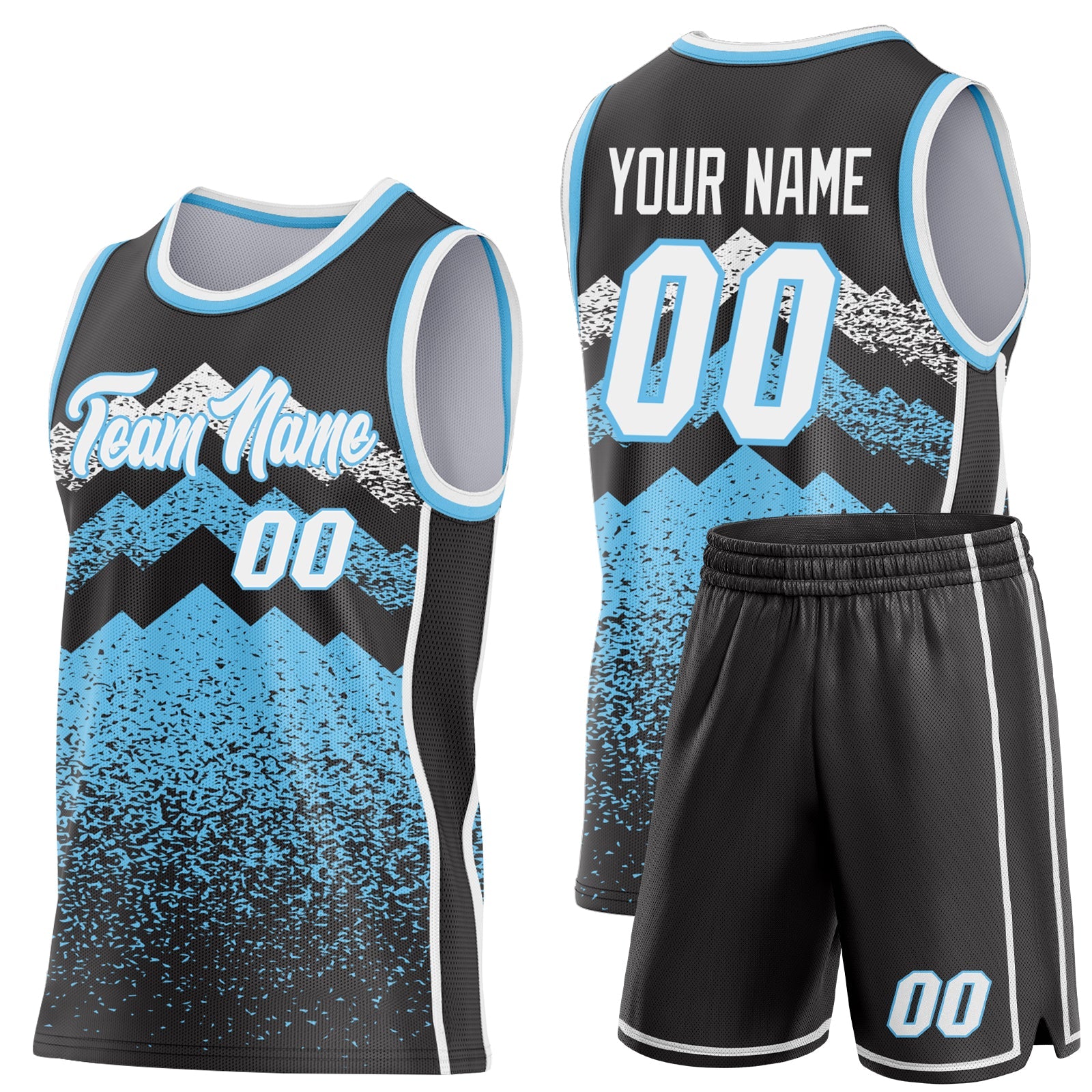 Custom Black White-Sky Blue Mountain Peak Shards Side Panel Stripe Round Neck Sublimation Basketball Set Jersey view 2