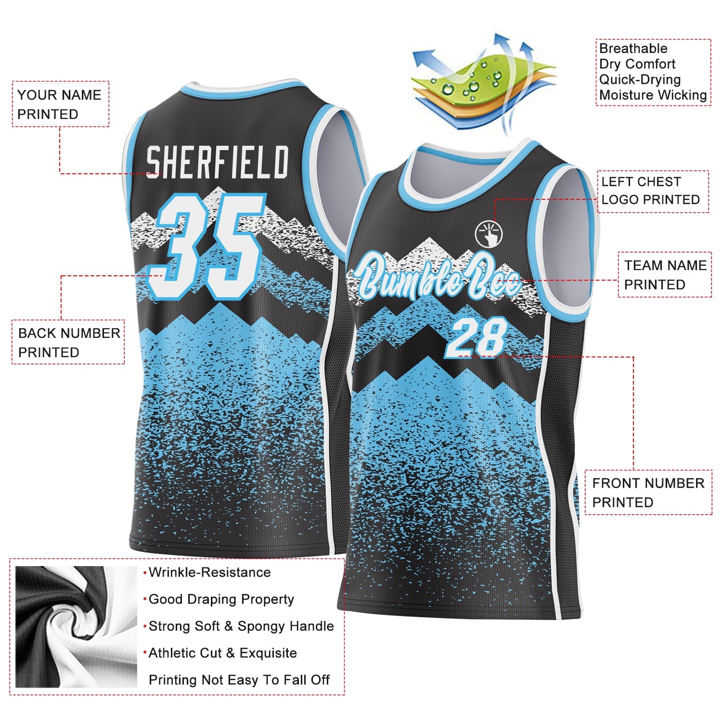 Custom Black White-Sky Blue Mountain Peak Shards Side Panel Stripe Round Neck Sublimation Basketball Set Jersey view 3
