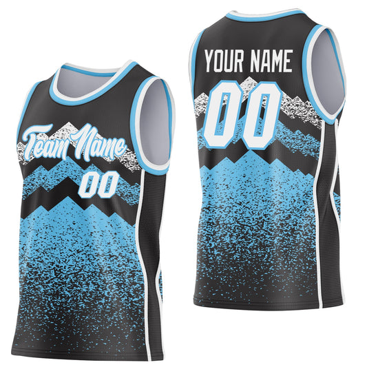 Custom Black White-Sky Blue Mountain Peak Shards Side Panel Stripe Round Neck Sublimation Basketball Set Jersey - Main View