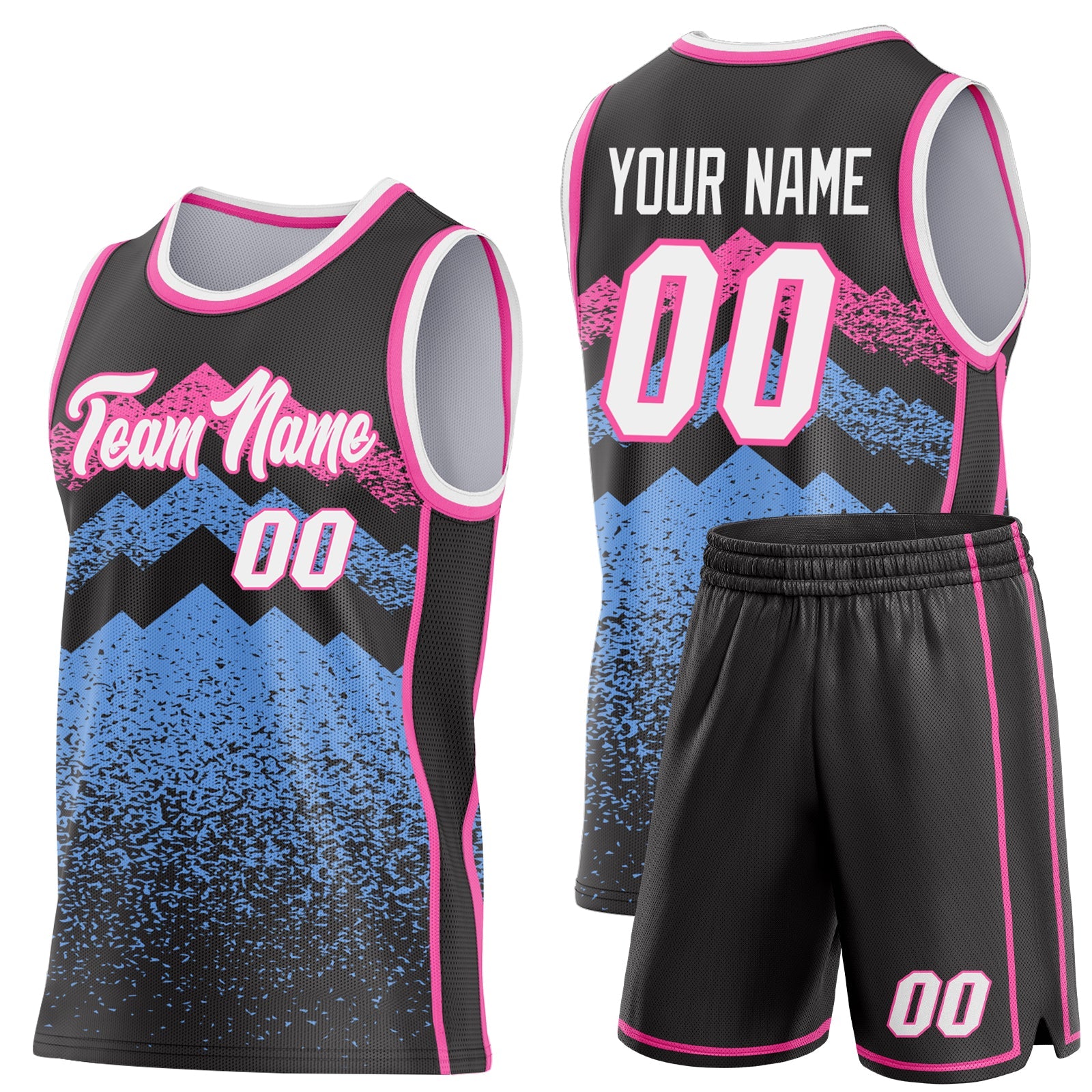 Custom Black White Light Blue-Pink Mountain Peak Shards Side Panel Stripe Round Neck Sublimation Basketball Set Jersey view 2