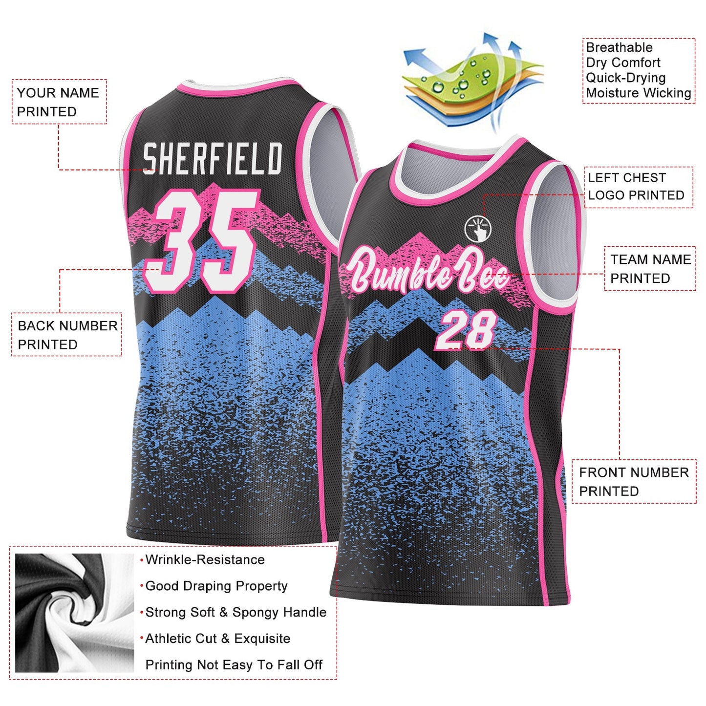Custom Black White Light Blue-Pink Mountain Peak Shards Side Panel Stripe Round Neck Sublimation Basketball Set Jersey view 3