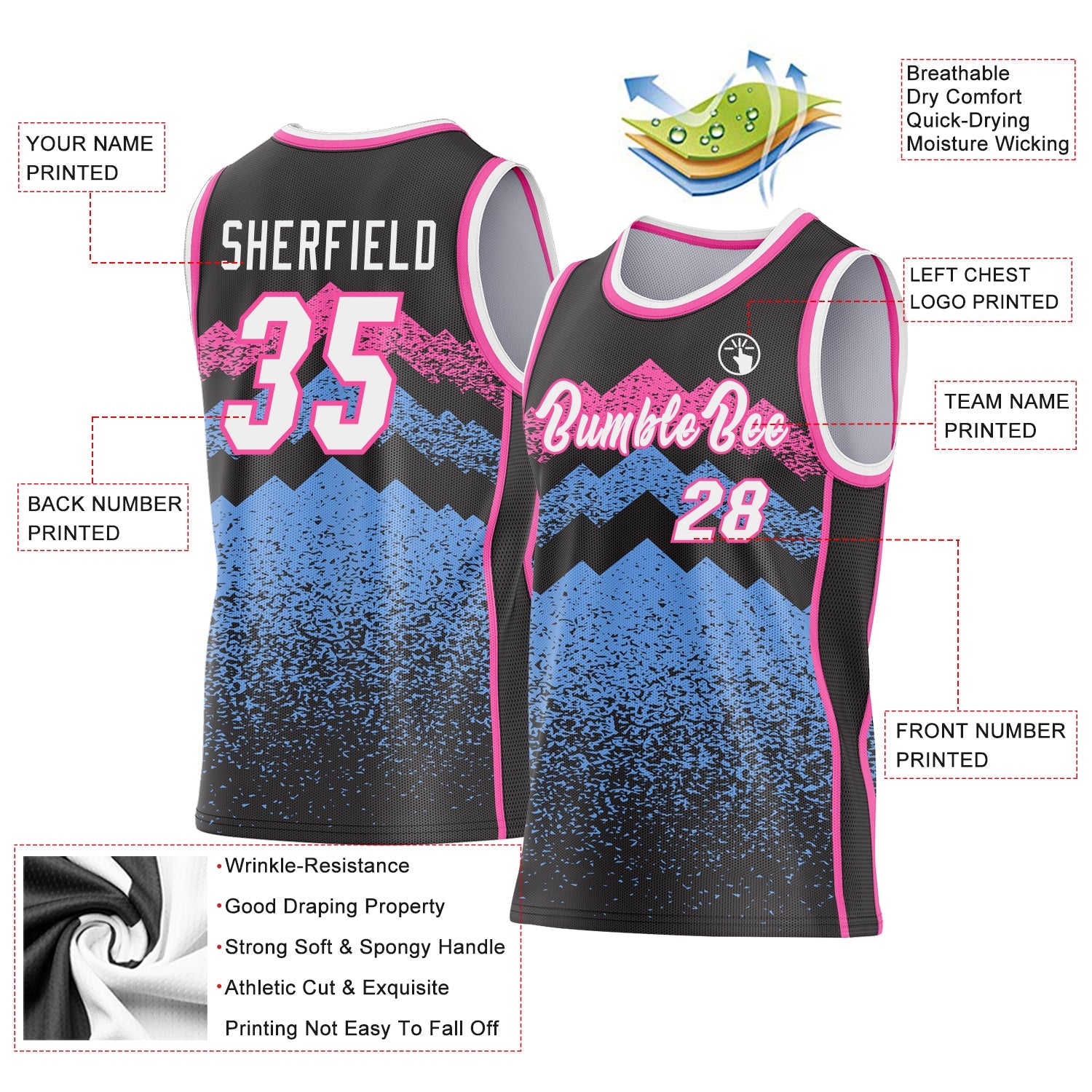 Custom Black White Light Blue-Pink Mountain Peak Shards Side Panel Stripe Round Neck Sublimation Basketball Set Jersey view 3