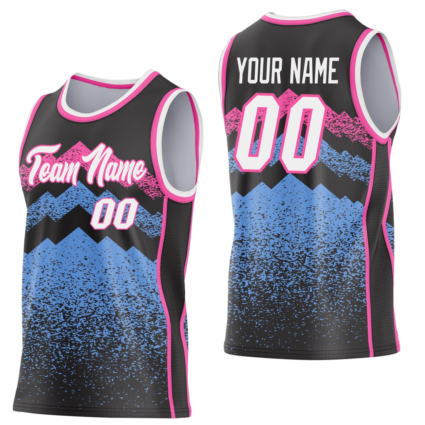 Custom Black White Light Blue-Pink Mountain Peak Shards Side Panel Stripe Round Neck Sublimation Basketball Set Jersey - Main View