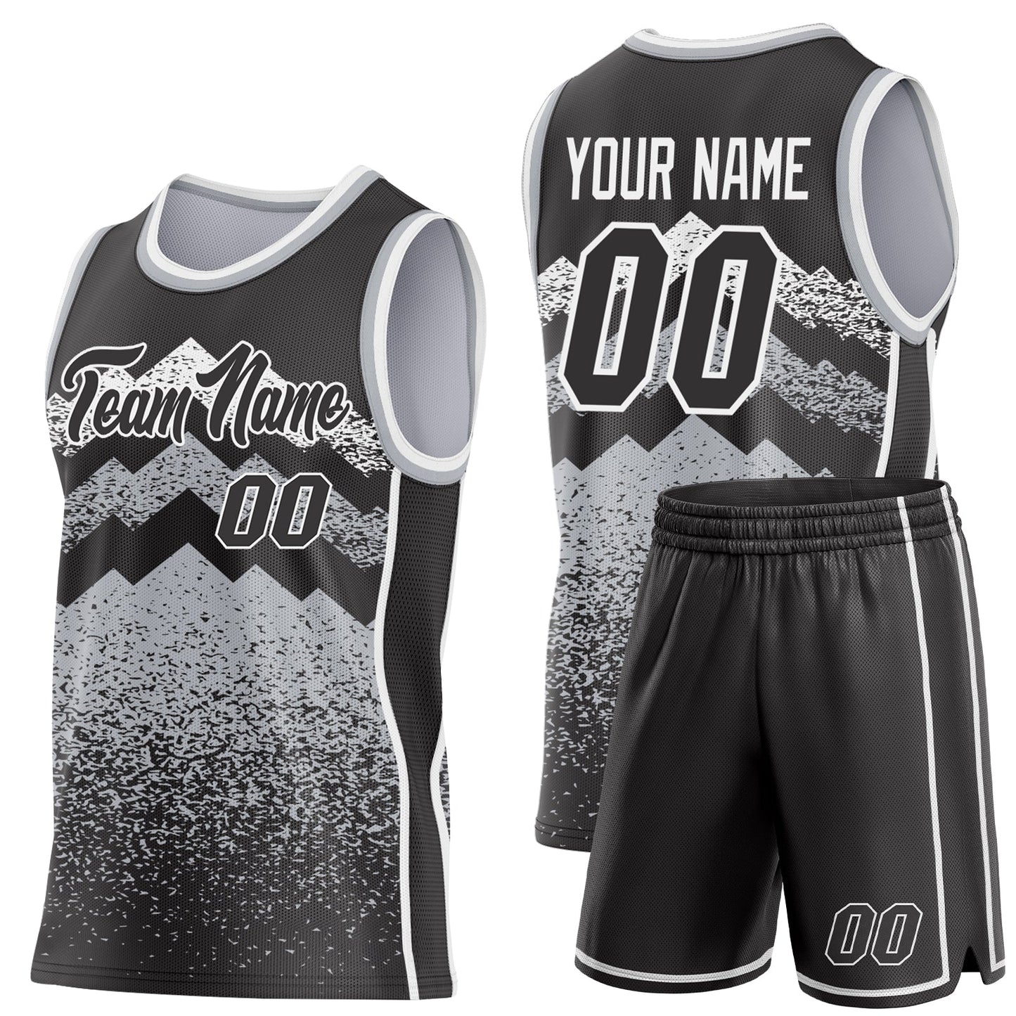 Custom Black Gray-White Mountain Peak Shards Side Panel Stripe Round Neck Sublimation Basketball Set Jersey view 2