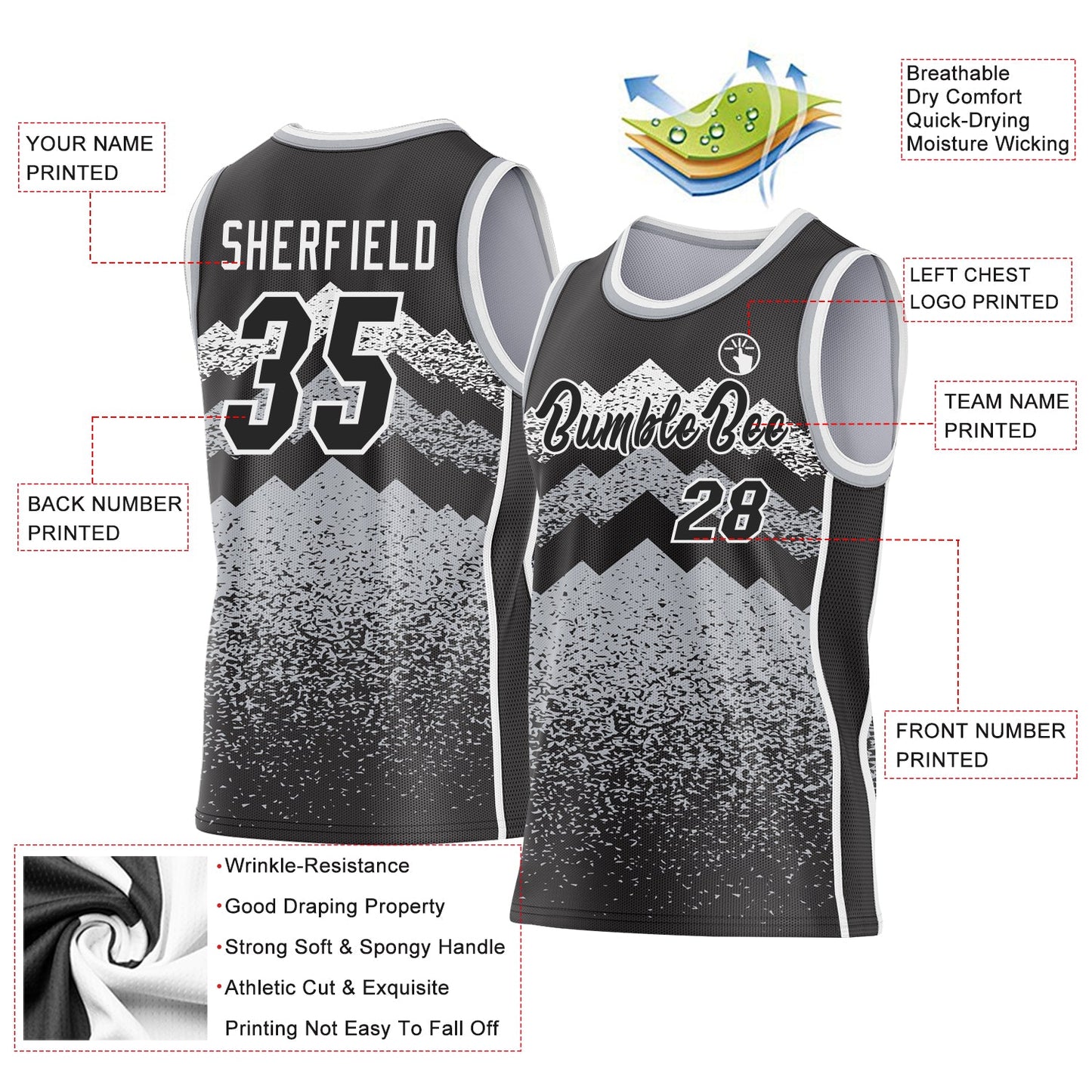 Custom Black Gray-White Mountain Peak Shards Side Panel Stripe Round Neck Sublimation Basketball Set Jersey view 3