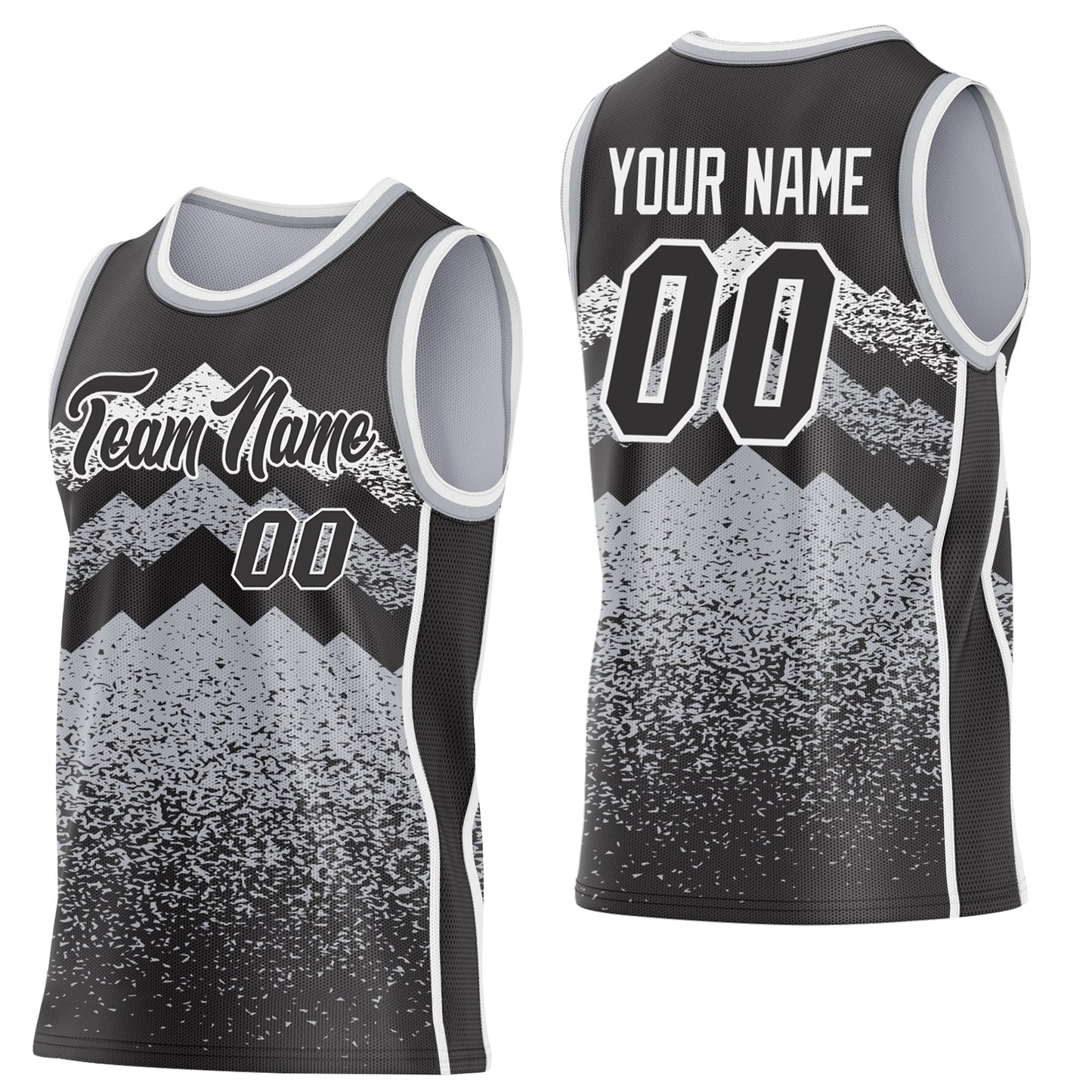 Custom Black Gray-White Mountain Peak Shards Side Panel Stripe Round Neck Sublimation Basketball Set Jersey - Main View