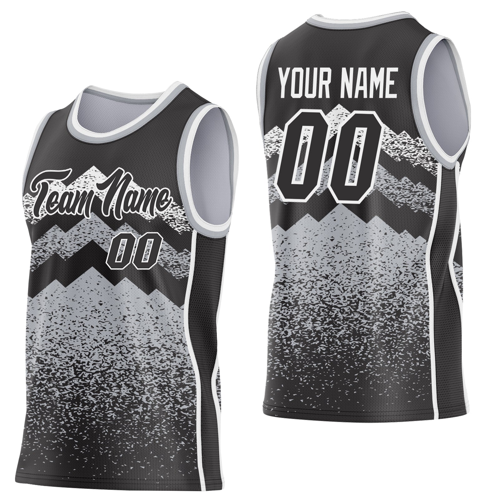 Custom Black Gray-White Mountain Peak Shards Side Panel Stripe Round Neck Sublimation Basketball Set Jersey - Main View
