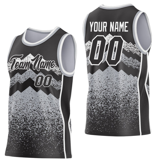 Custom Black Gray-White Mountain Peak Shards Side Panel Stripe Round Neck Sublimation Basketball Set Jersey - Main View