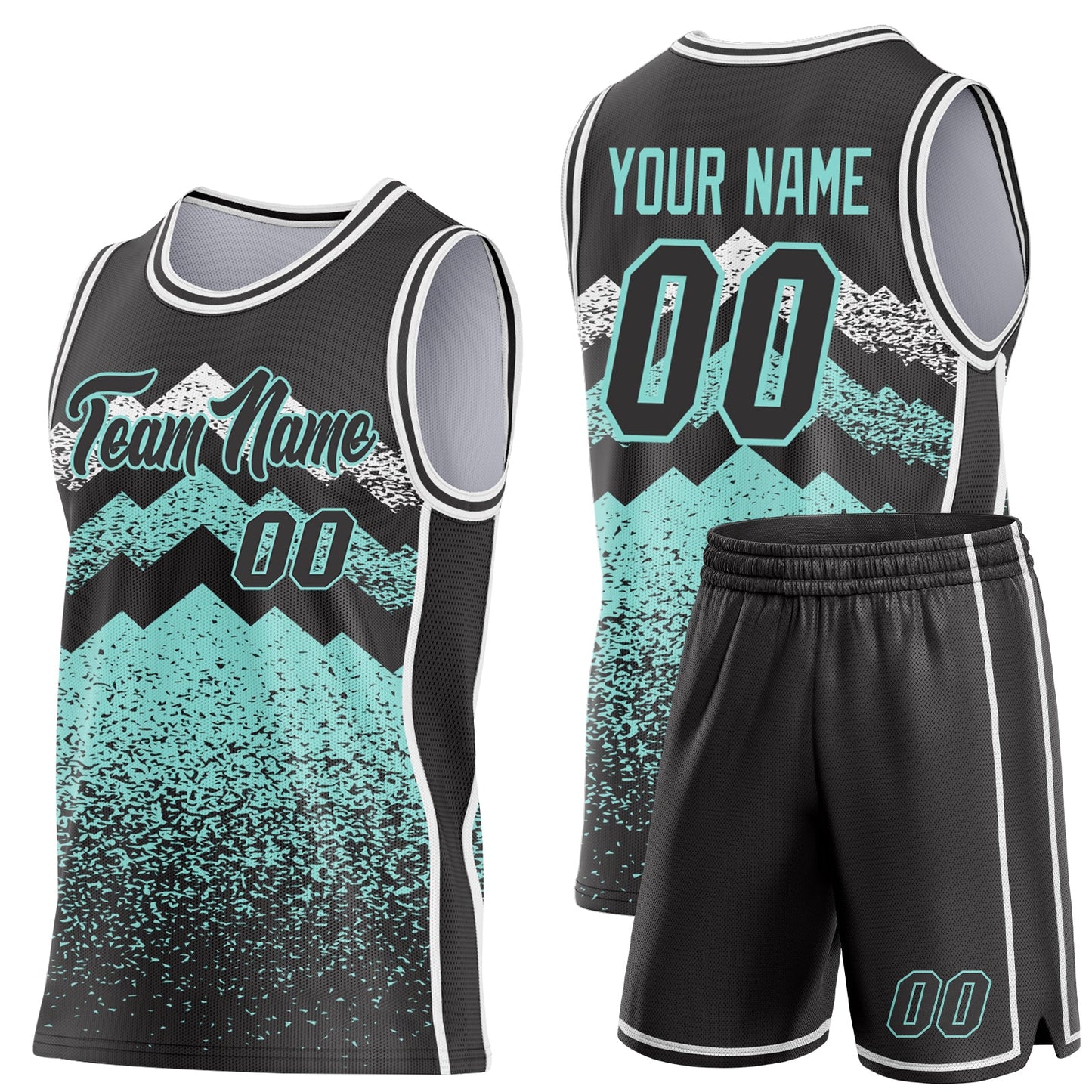 Custom Black Ice Blue-White Mountain Peak Shards Side Panel Stripe Round Neck Sublimation Basketball Set Jersey view 2