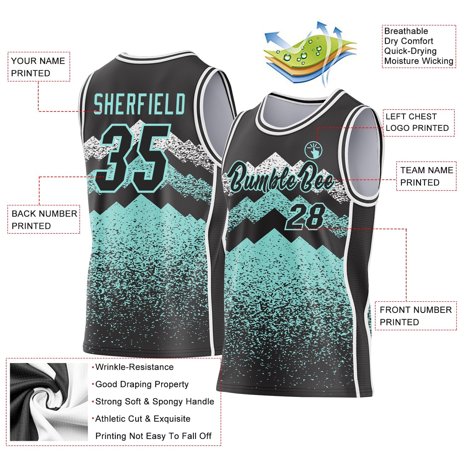 Custom Black Ice Blue-White Mountain Peak Shards Side Panel Stripe Round Neck Sublimation Basketball Set Jersey view 3